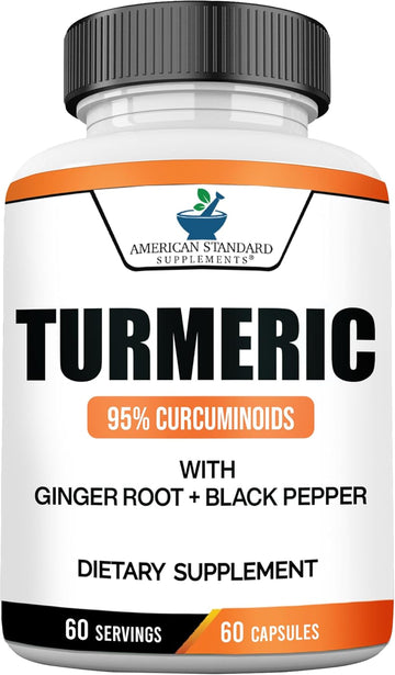 American Standard Supplements Turmeric Extract - Curcumin 95% With Ginger Root Extract & Black Pepper Extract– 60 Vegan Capsules, 60 Servings