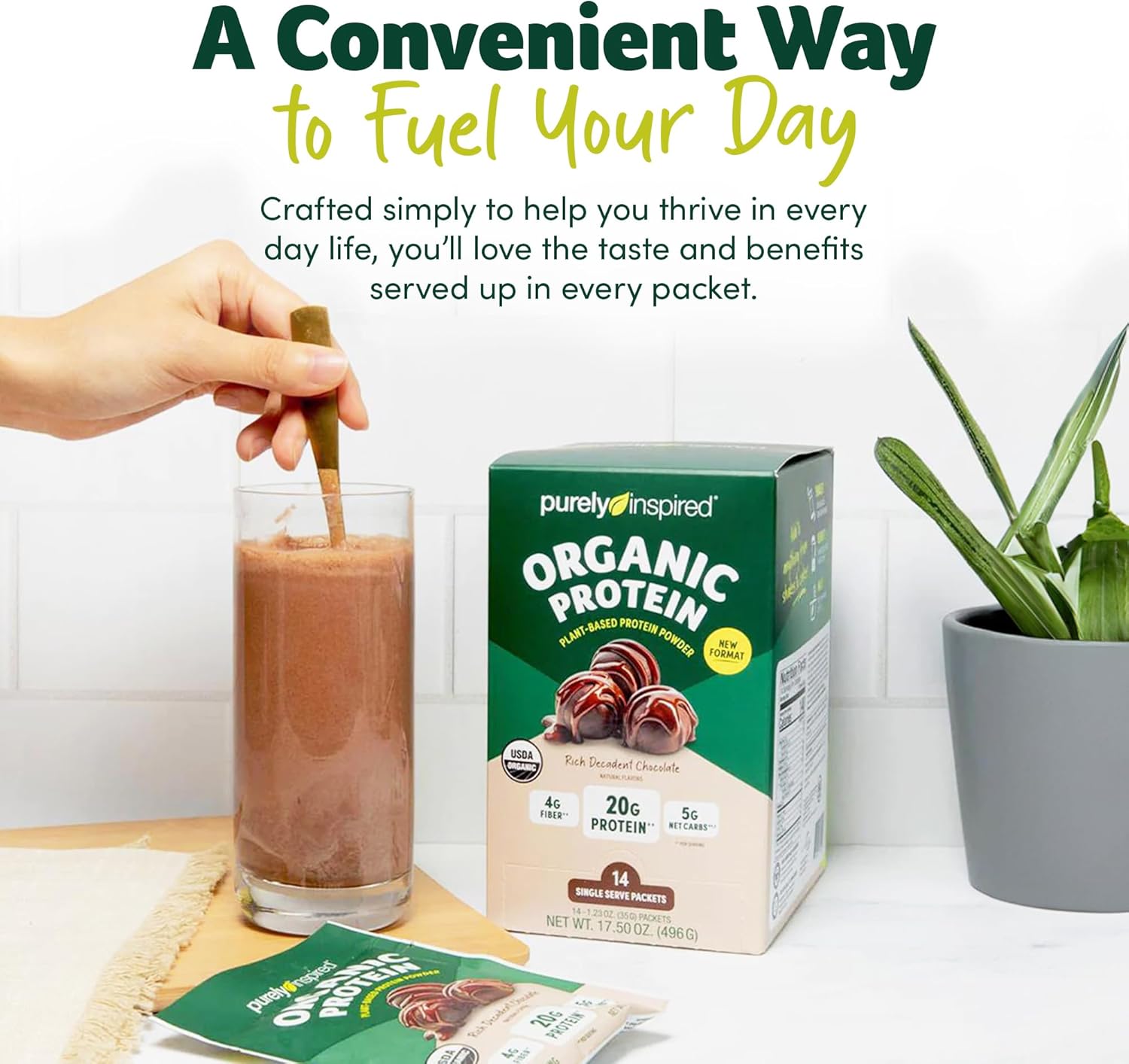 Purely Inspired Organic Protein Powder, 14 Single Serve Packets, Rich Decadent Chocolate - 20g of Plant-Based Protein Powder for Smoothies & Shakes - Dairy-Free, Non-GMO - for Men & Women : Health & Household