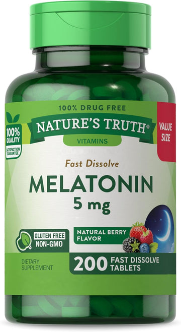 Nature'S Truth Melatonin 5Mg Tablets | 200 Count | Fast Dissolve | Natural Berry Flavor | Non-Gmo & Gluten Free Supplement