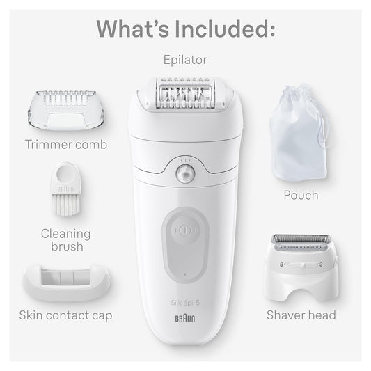 Braun Epilator Silk-Épil 5 Epilator, Hair Removal Device, Women Shaver & Trimmer, Wet And Dry Epilator, Includes Shaver Head And Trimmer Comb, Se5-041, Grey