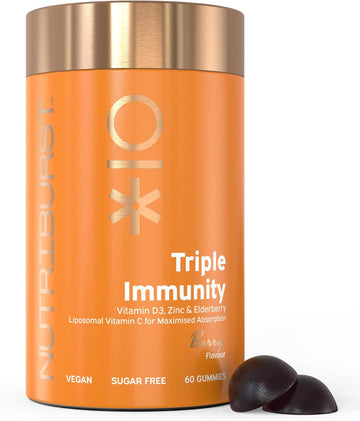 Nutriburst Triple Immunity - Liposomal Vitamin C (100Mg), D3 (20µg), Zinc (7.5Mg) + Elderberry Extract - Immune & Wellbeing Support - Vegan, Sugar Free Supplement - 60 Berry Gummies - 1 Month Supply