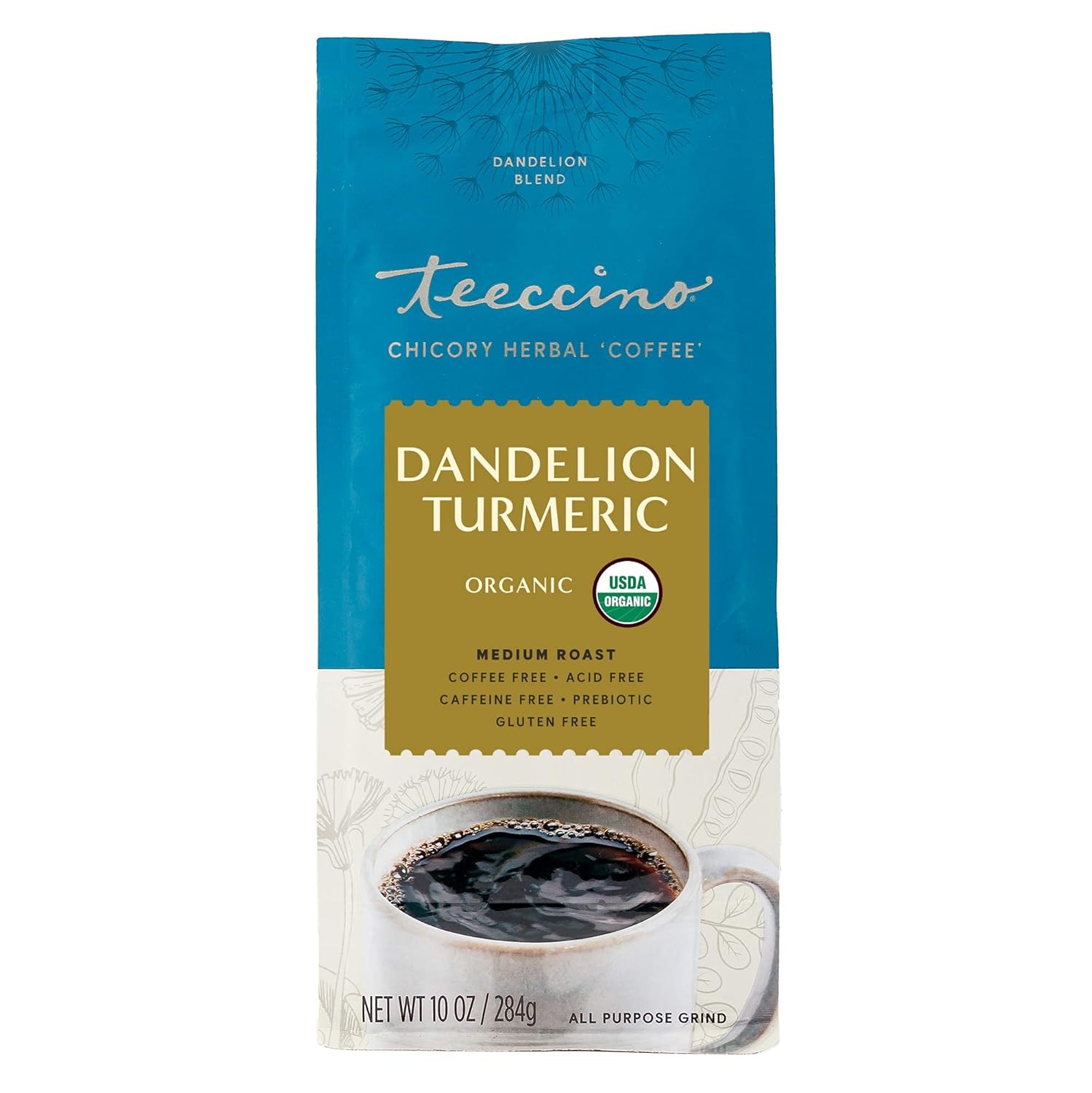 Teeccino Dandelion Turmeric Herbal Coffee - Caffeine-Free Coffee Alternative With Prebiotics, Gluten Free, Acid Free, Organic - Medium Roast, 10 Oz