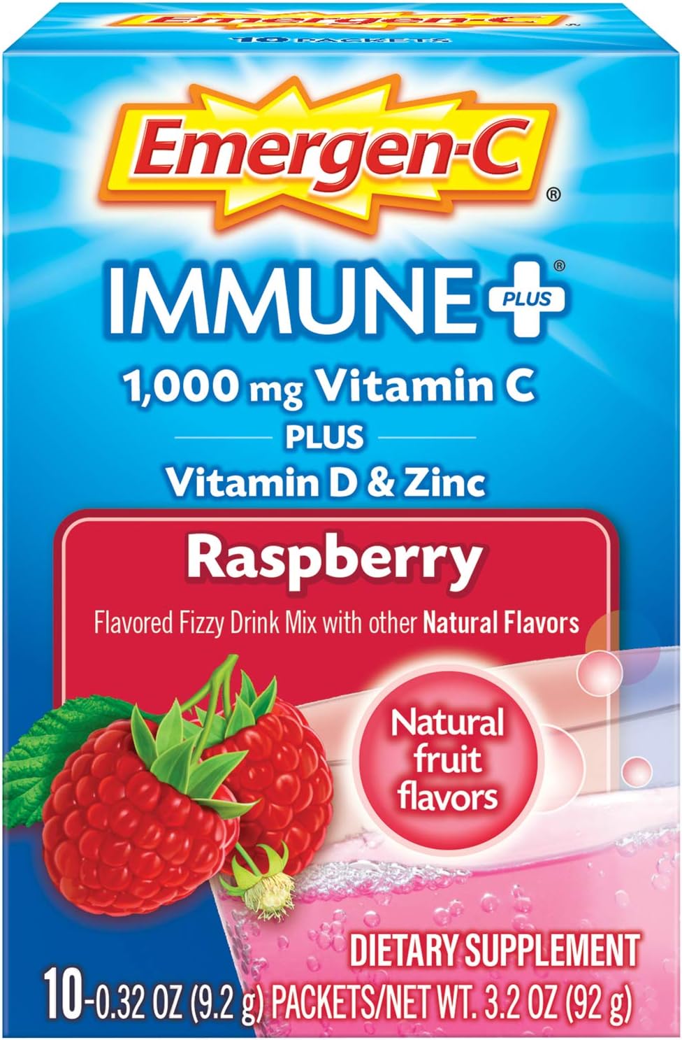 Emergen-C Immune+ Vitamin C 1000mg Powder, Plus Vitamin D And Zinc (Raspberry Flavor), Immune Support Dietary Supplement Fizzy Drink Mix, Antioxidants & Electrolytes, 0.32 Ounce (Pack of 10)