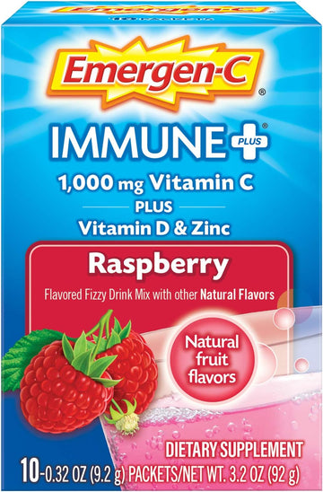 Emergen-C Immune+ Vitamin C 1000mg Powder, Plus Vitamin D And Zinc (Raspberry Flavor), Immune Support Dietary Supplement Fizzy Drink Mix, Antioxidants & Electrolytes, 0.32 Ounce (Pack of 10)