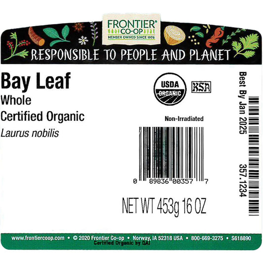 Frontier Co-Op Bay Leaf Whole, Hand Select, Certified Organic, Kosher, Non-Irradiated | 1 Lb. Bulk Bag | Laurus Nobilis L