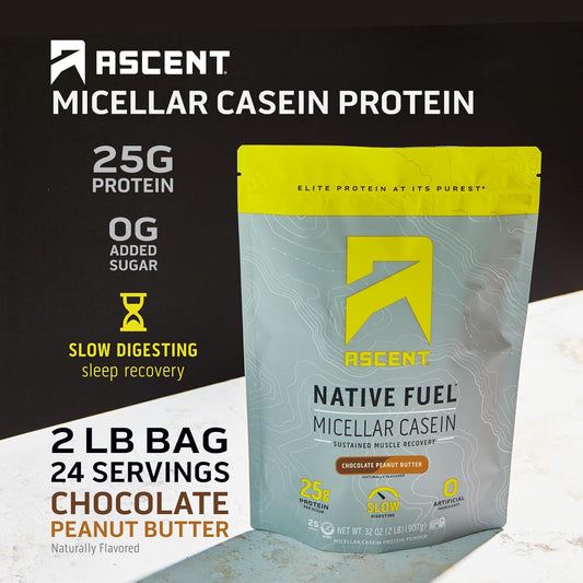 Ascent Casein Protein Powder - 25g Micellar Casein Powder with Zero Artificial Flavors & Sweeteners, Gluten Free, No Added Sugar, 4.9g BCAA, 2.2g Leucine - Chocolate Peanut Butter, 2 Pounds