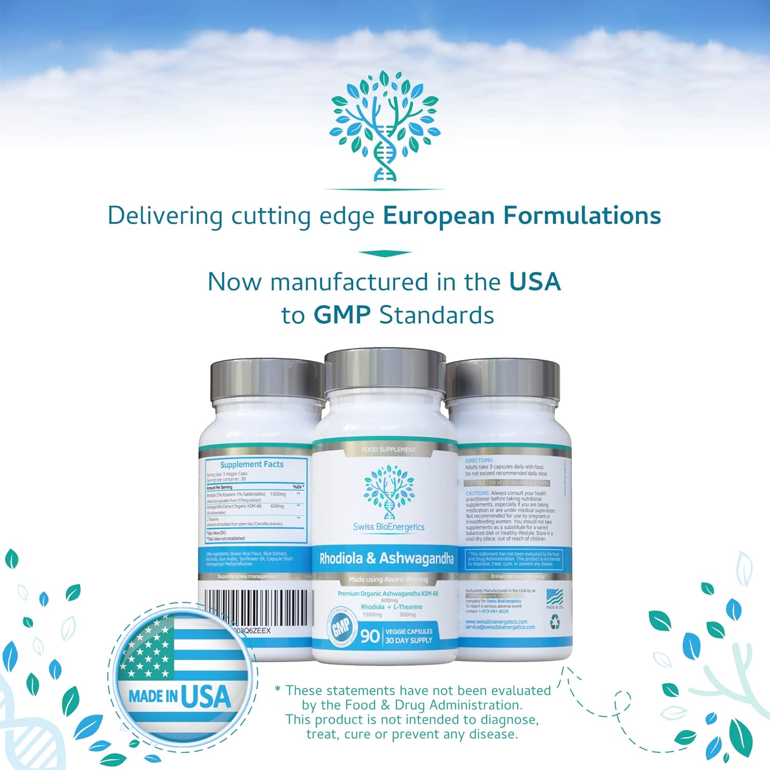 Rhodiola & Ashwagandha with L-Theanine - Award Winning Ashwagandha KSM-66 600mg & 1500mg Rhodiola (3% Rosavins - 1% Salidrosides) whole root equivalent- adaptogen combo- No artificial fillers : Health & Household