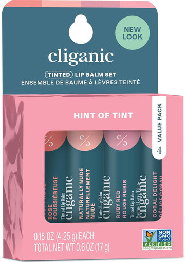 Cliganic Tinted Lip Balm - Non-Gmo, 4 Colors - Enriched With Vitamin E, Cruelty Free (Packaging May Vary)