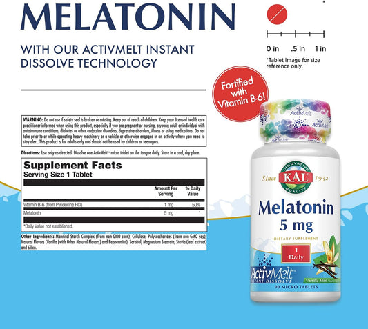 Kal Melatonin 5Mg Sleep Aid, Melatonin Supplement Supports Calming Relaxation And A Healthy Sleep Cycle, Fast Dissolving Activmelts, Natural Vanilla Mint Flavor, Vegetarian, 90 Serv, 90 Micro Tablets