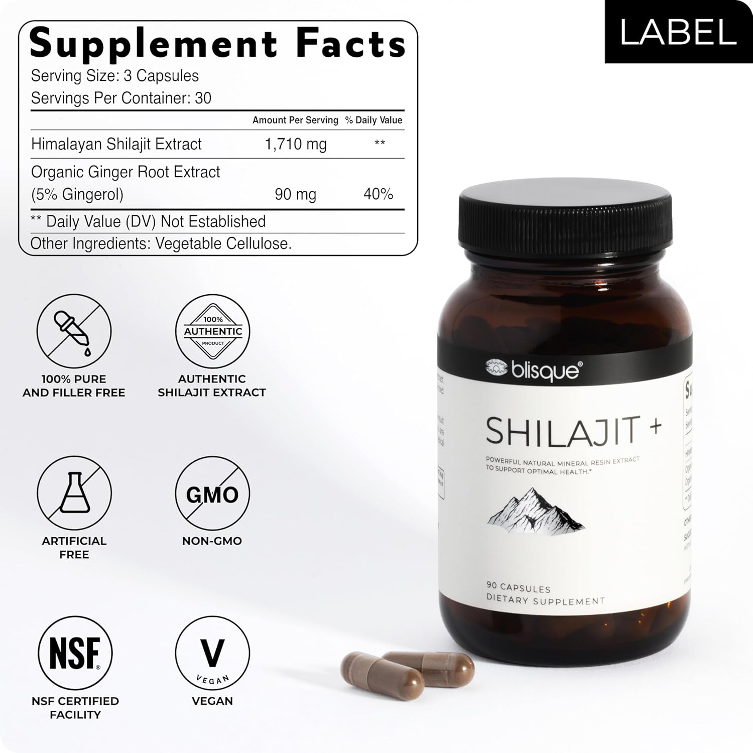 Blisque – Pure Himalayan Organic Shilajit Resin Extract Capsules | Authentic And Natural | Golden Grade A | Contains Fulvic Acid And Trace Minerals | 90 Capsules