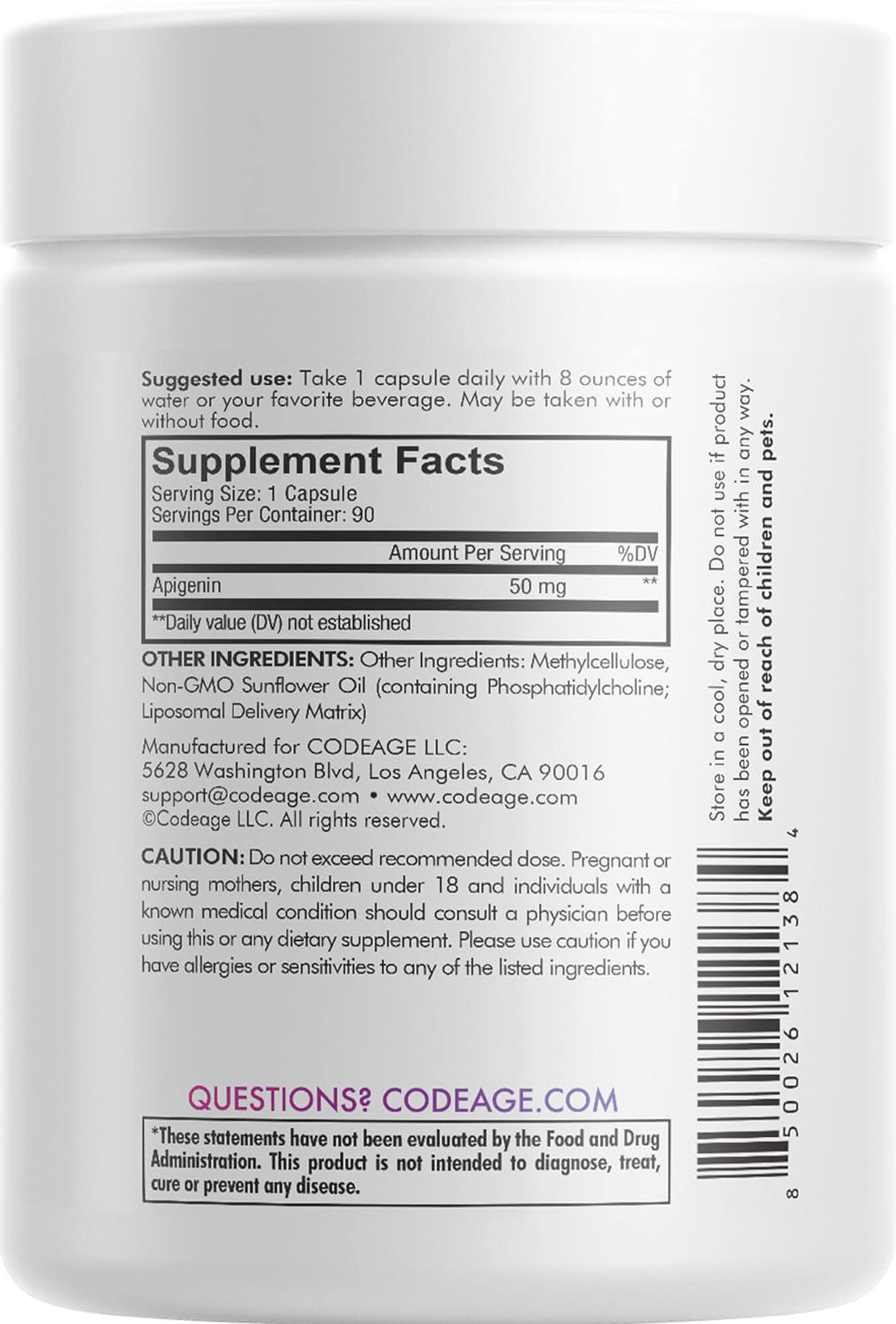 Codeage Liposomal Apigenin Supplement, 3-Month Supply, Daily Flavonoid Chamomile Extract, Liposomal Phospholipid Complex, Non-GMO Sunflower Oil, Phosphatidylcholine Vegan Blend, Gluten-Free, 90 Count : Health & Household