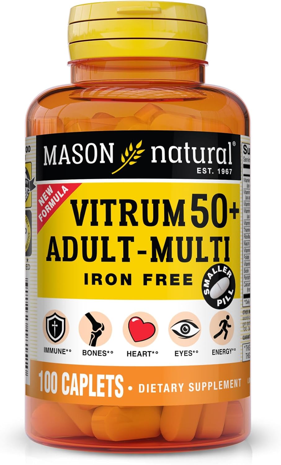 Mason Natural Vitrum 50 + Adult-Multi, Iron Free - Vitamins A C D E K B, Folate, Calcium, Iron, Zinc, Potassium, Magnesium, 100 Tablets