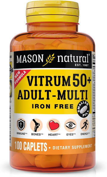 Mason Natural Vitrum 50 + Adult-Multi, Iron Free - Vitamins A C D E K B, Folate, Calcium, Iron, Zinc, Potassium, Magnesium, 100 Tablets