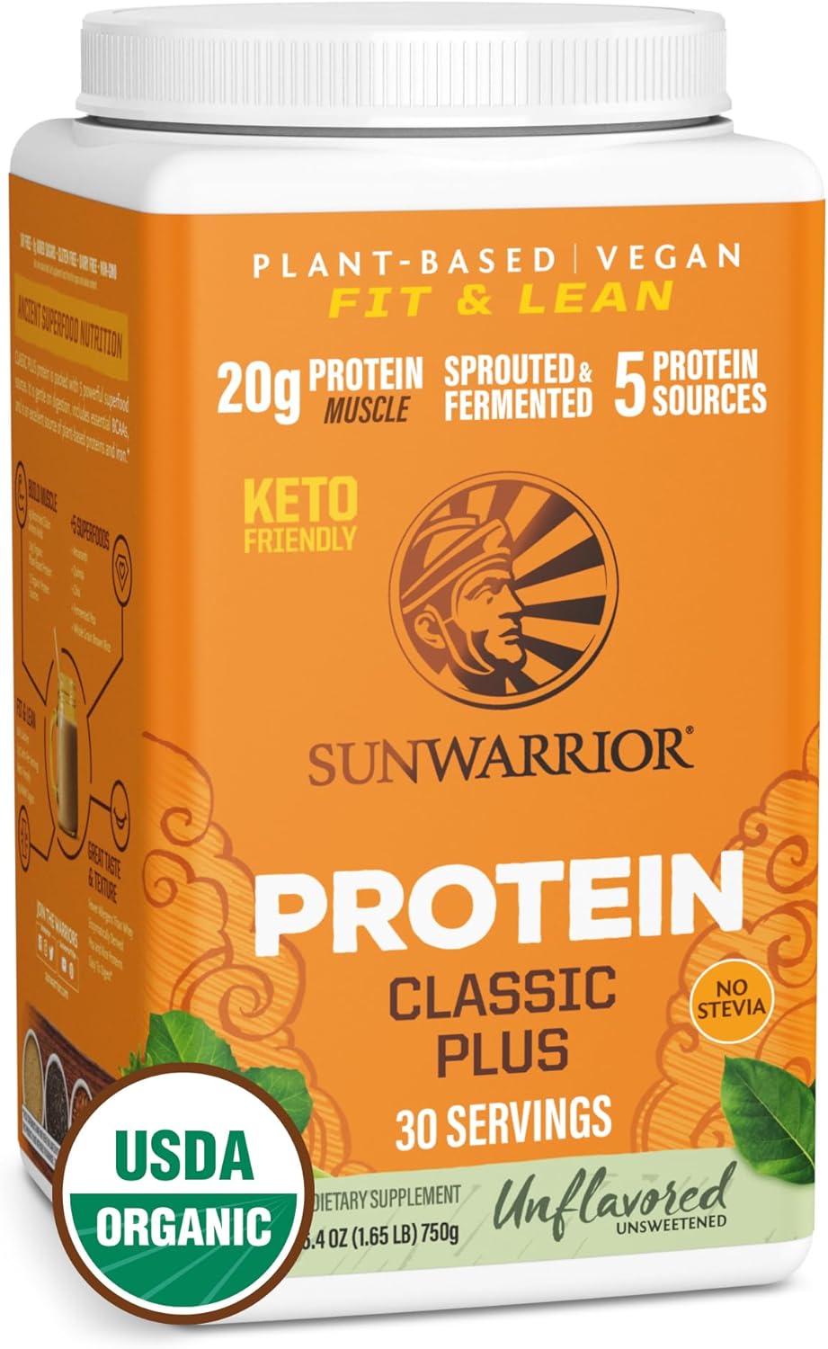 Vegan Organic Protein Powder Plant-based | 5 Superfood Quinoa Chia Seed Soy Free Dairy Free Gluten Free Synthetic Free NON-GMO | Unflavored 30 Servings | Classic Plus by Sunwarrior