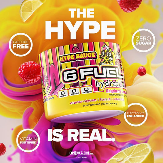 G Fuel Hype Sauce Electrolytes Powder, Water Mix For Hydration, Energy And Focus, Sugar Free, Zero Caffeine Supplement With Essential Minerals, Raspberry + Lemonade Flavor - 3.3 Oz (30 Servings)