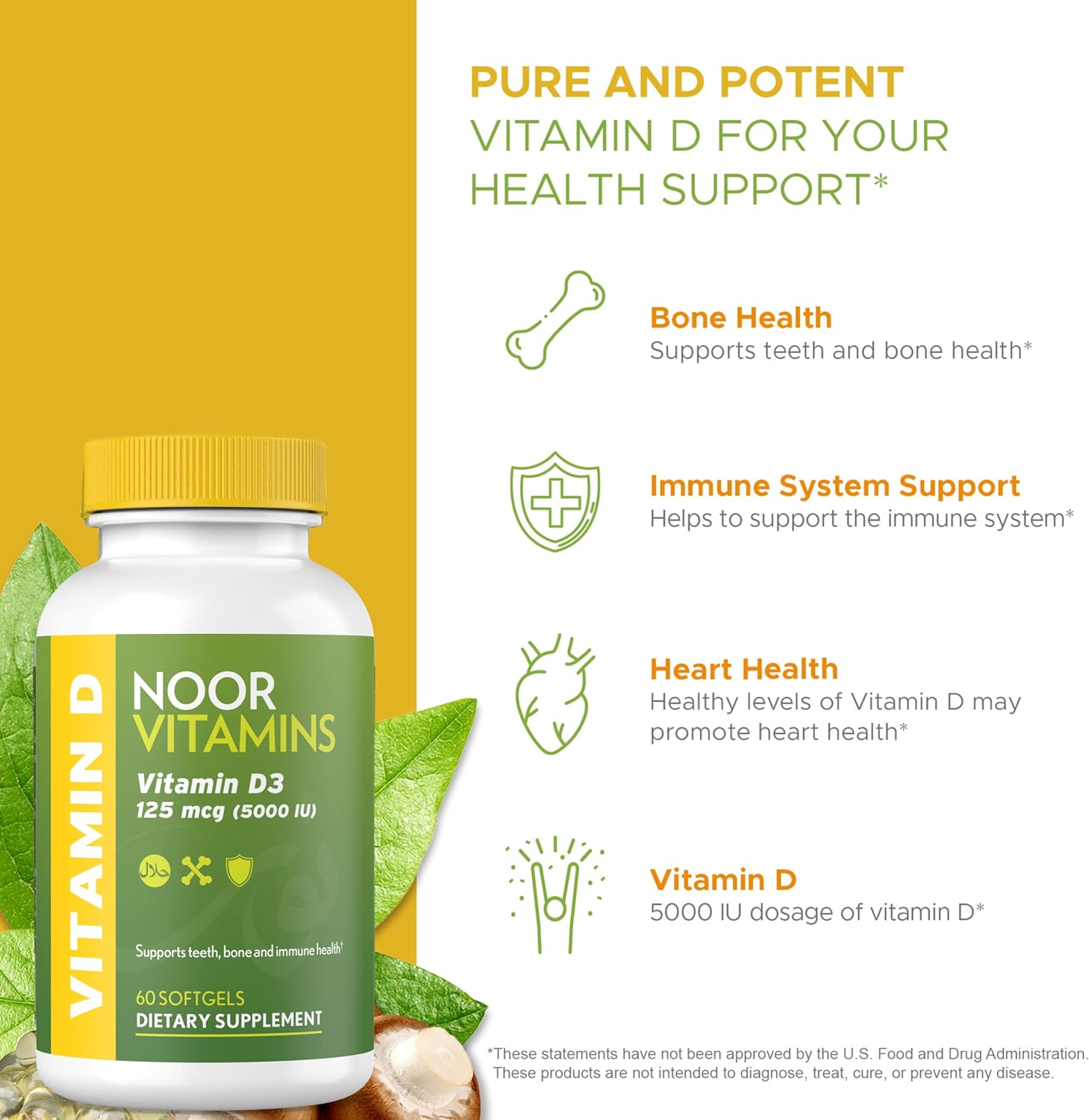 Noor Vitamins Halal Vitamin D, Halal Vitamin D3, 5000 IU Softgels, Supports Bone, Immune & Heart Health, from Safflower Oil to Maximize Absorption, Non-GMO, Gluten Free & Halal (60 Count)… : Health & Household