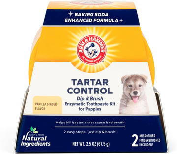 Arm & Hammer Dip & Brush Tartar Control Enzymatic Toothpaste Kit for Puppies with 2 Microfiber Finger Bushes, 2.5 Ounces, Vanilla Ginger Flavor | Dog Dental Care Kit