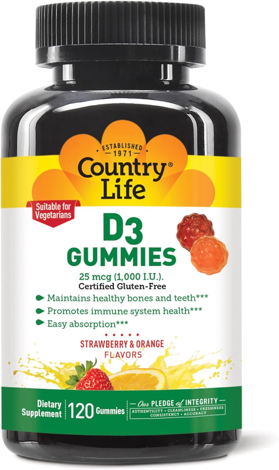 Country Life Vitamin D3 Gummies, 1,000 Iu, Promotes Immune Health, Great Taste, Strawberry & Orange Flavor, 120 Gummies, Certified Gluten Free, Certified Vegetarian