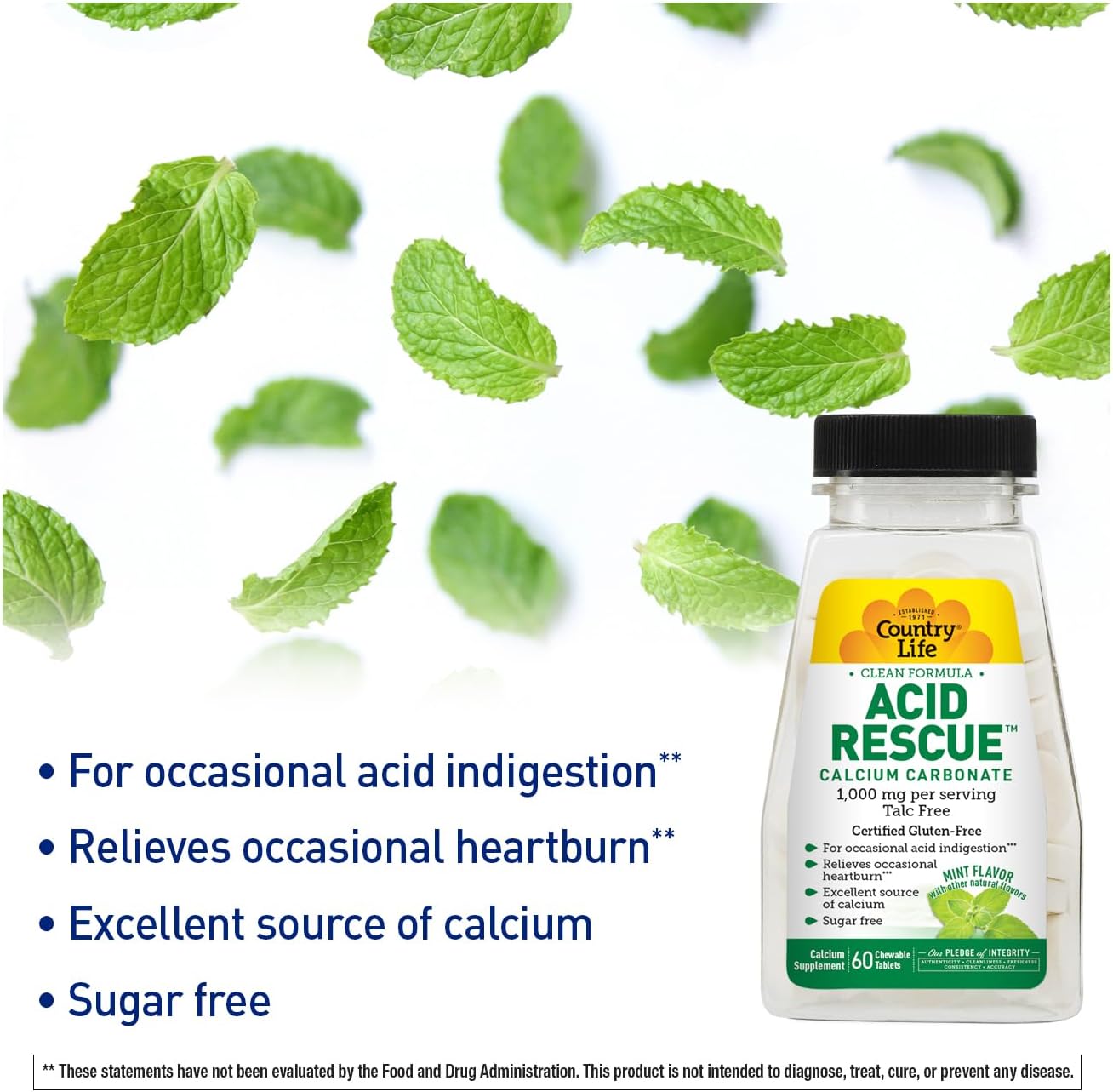 Country Life Acid Rescue Chewable Tablets - Certified Vegan & Gluten-Free Heartburn Relief, 400Mg Calcium & Magnesium, Non-Gmo, Sugar-Free Mint Flavor, Supports Bone Health, 60 Count