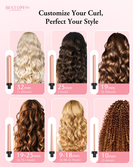 5 In 1 Curling Iron Set - Bestope Pro Curling Wand Iron With Interchangeable Barrels, 0.35”-1.25” Hair Curler Wand For Hairstyle, Instant Heat Up For All Hair Types, Heat Protective Glove & 2 Clips