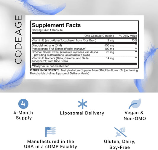 Codeage Liposomal Dim Supplement - Sgs, Pomegranate, Broccoli, Antioxidant Vitamin E Isomers Tocopherols Alpha Beta Gamma Delta - Liposomal Diindolylmethane - Dim Vitamins 4-Month Supply, 120 Capsules