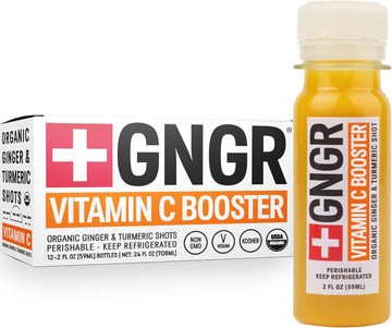 +GNGR Vitamin C Immunity Booster Organic Ginger Wellness Shots - Premium Ginger Shots for All Natural Immune Support - Cold Pressed Peruvian Ginger Juice with Turmeric and Acerola Cherry, USDA (2 Oz, Pack of 12)