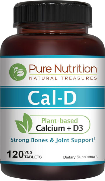 Pure Nutrition Cal D - Plant Based Calcium With Vitamin D3 K2 And Magnesium. Vegan Calcium Supplement With 500Mg Elemental Calcium Per Serving. Algae Calcium Supplement For Bone Health | 120 Tabs