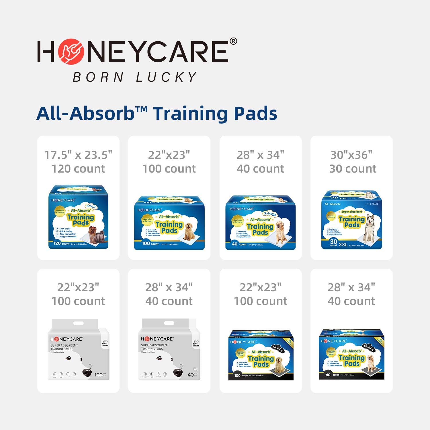 HONEY CARE All-Absorb, Large 22" x 23", 100 Count, Dog and Puppy Training Pads, Ultra Absorbent and Odor Eliminating, Leak-Proof 5-Layer Potty Training Pads with Quick-Dry Surface, Blue, A01 : Pet Supplies