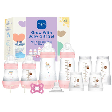 Mam Grow With Baby 15-Piece Gift Set, Newborn 0-4 Months, Anti-Colic Bottles And Silicone Nipples Skinsoft, Essential Baby Items, Unisex