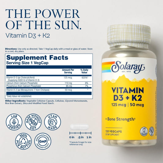 Solaray Vitamin D3 K2 And Magnesium Glycinate - Bone Health Bundle - Calcium Absorption, Nerve, Heart And Immune Support W/ 5000 Iu Vitamin D, 350Mg Chelated Magnesium, 60-Day Guarantee, 120Ct/120Ct