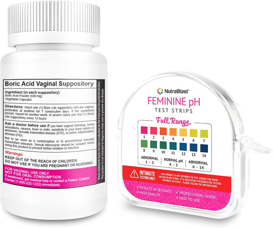 Nutrablast Boric Acid Vaginal Suppositories 600Mg (30 Count) & Feminine Ph Test Strips 1-14 (100-Tests Roll) | Monitor Feminine Intimate Health | Acidity & Alkalinity Balance