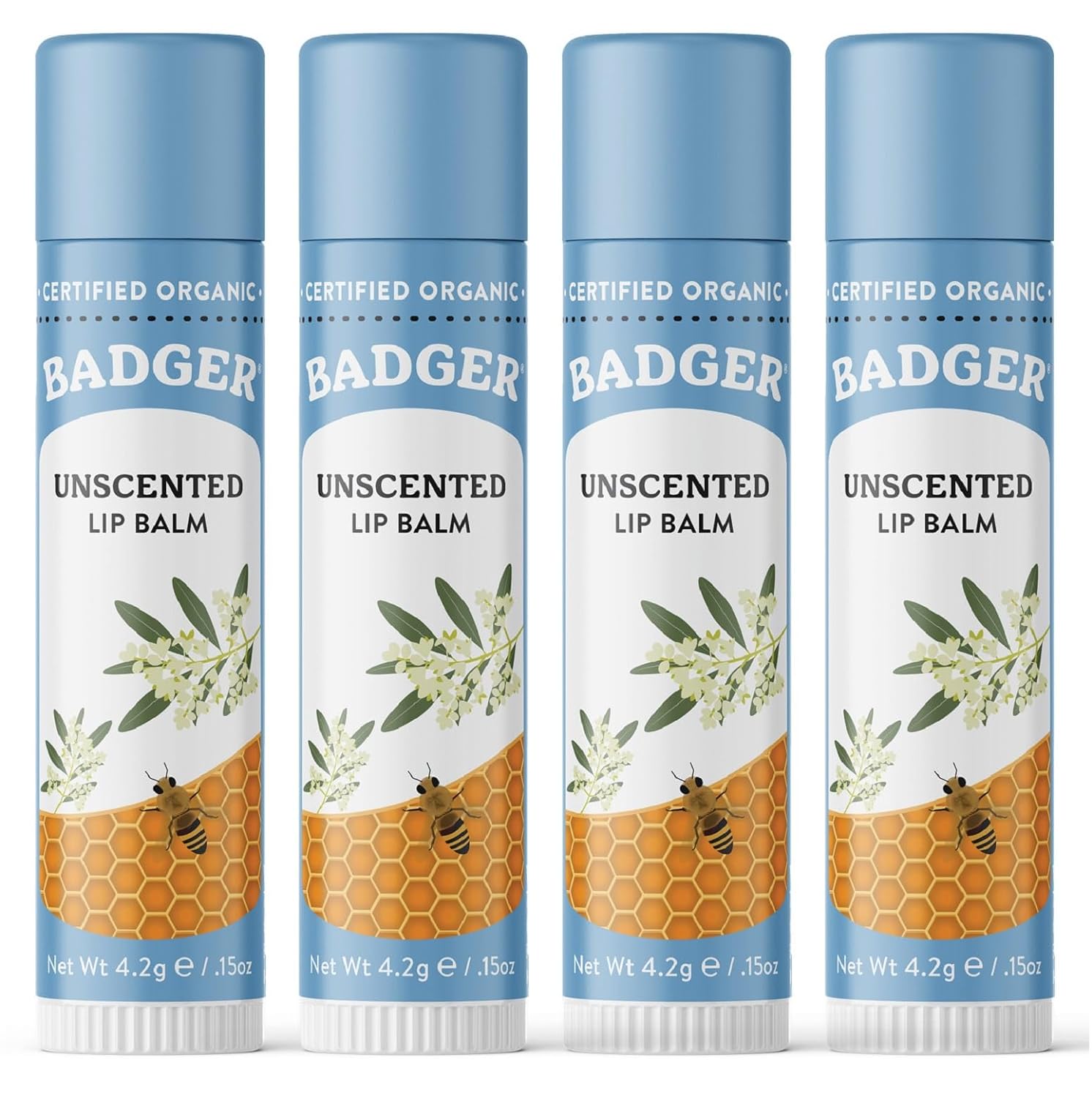 Badger - Classic Lip Balm, Unscented, Made With Organic Olive Oil, Beeswax & Rosemary, Certified Organic, Moisturizing Lip Balm, 0.15 Oz (4 Pack)