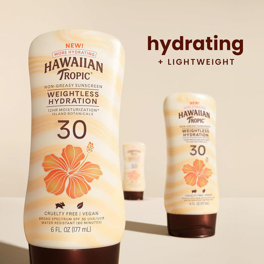 Hawaiian Tropic Weightless Hydration Lotion Sunscreen Spf 30, 6Oz Twin Pack | Oil Free Sunscreen, Hawaiian Tropic Sunscreen Spf 30, Oxybenzone Free Sunscreen, Body Sunscreen Pack, 6Oz Each