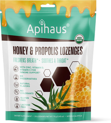 Honey And Propolis Lozenges With Eucalyptus, Freshens Breath - Soothes A Throat- Immune Support With Vitamin C, Vitamin D And Zinc, 20 Count