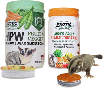 Exotic Nutrition Hpw Fruit & Veggie + Gummivore-Fare Mixed Fruit - Healthy Natural High Protein Food & Natural Healthy Acacia Gum-Based Treat For Sugar Gliders