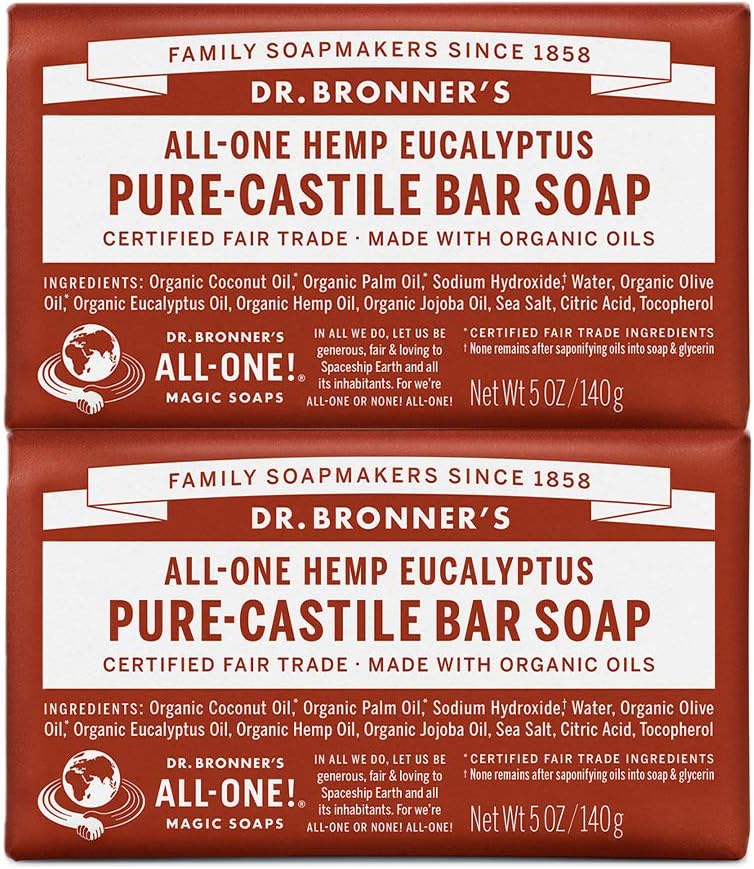 Dr. Bronner's - Pure-Castile Bar Soap (Eucalyptus, 5 ounce, 2-Pack) - Made with Organic Oils, For Face, Body and Hair, Gentle and Moisturizing, Biodegradable, Vegan, Cruelty-free, Non-GMO