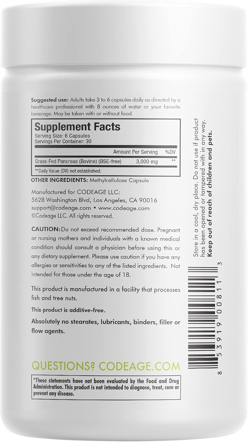 Codeage Grass Fed Beef Pancreas Supplement Glandulars - Freeze Dried, Non-Defatted Desiccated Beef Pancreas Pills – Pancreatic Enzymes Diet Meat - Pasture Raised Argentina Beef Vitamins - 180 Capsules : Health & Household