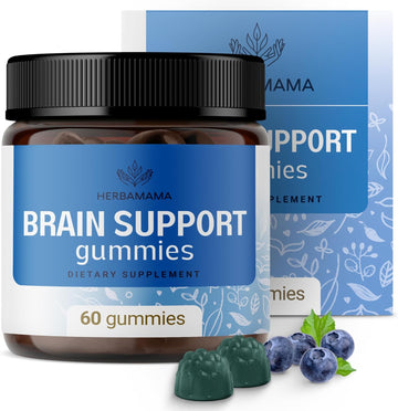 Herbamama Brain Energy Support Gummies - Brain Health Supplements For Adults - Vegan, Gelatin-Free, Non-Gmo - 60 Blueberry-Flavored Brain Focus Chews