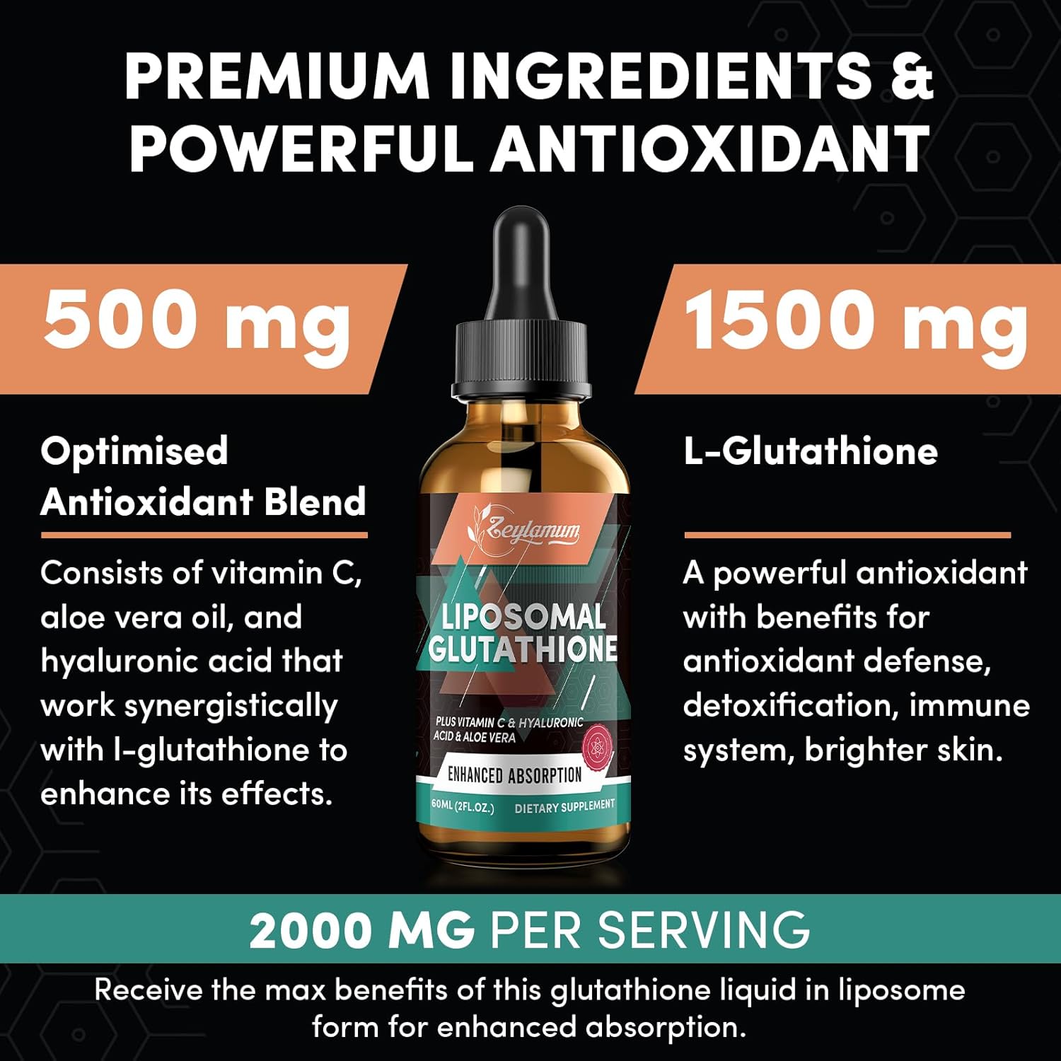 2000Mg Liposomal Glutathione Liquid Drops, Enhanced Absorption, Glutathione Supplement, With Vitamin C, Hyaluronic Acid & L-Glutathione, Antioxidant Supplement - Liver Detox, Radiant Skin, 2.02 Oz : Health & Household