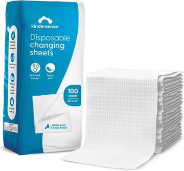 Kindersense® Disposable Changing Pads For Baby Diaper (100 Sheets) | Portable Changing Pad Liners (23" X 17.5") | Paper Top Layer - Waterproof Bottom Layer | Leak Proof Infant Changing Mat