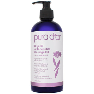 Pura D’Or 16 Oz Organic Anti-Cellulite Massage Oil For Toned Legs And Butt - Lemon Peel Oil, Moringa Oil, Grape Seed Oil, Grapefruit Oil & Eucalyptus Oil - Skin Firming & Tightening