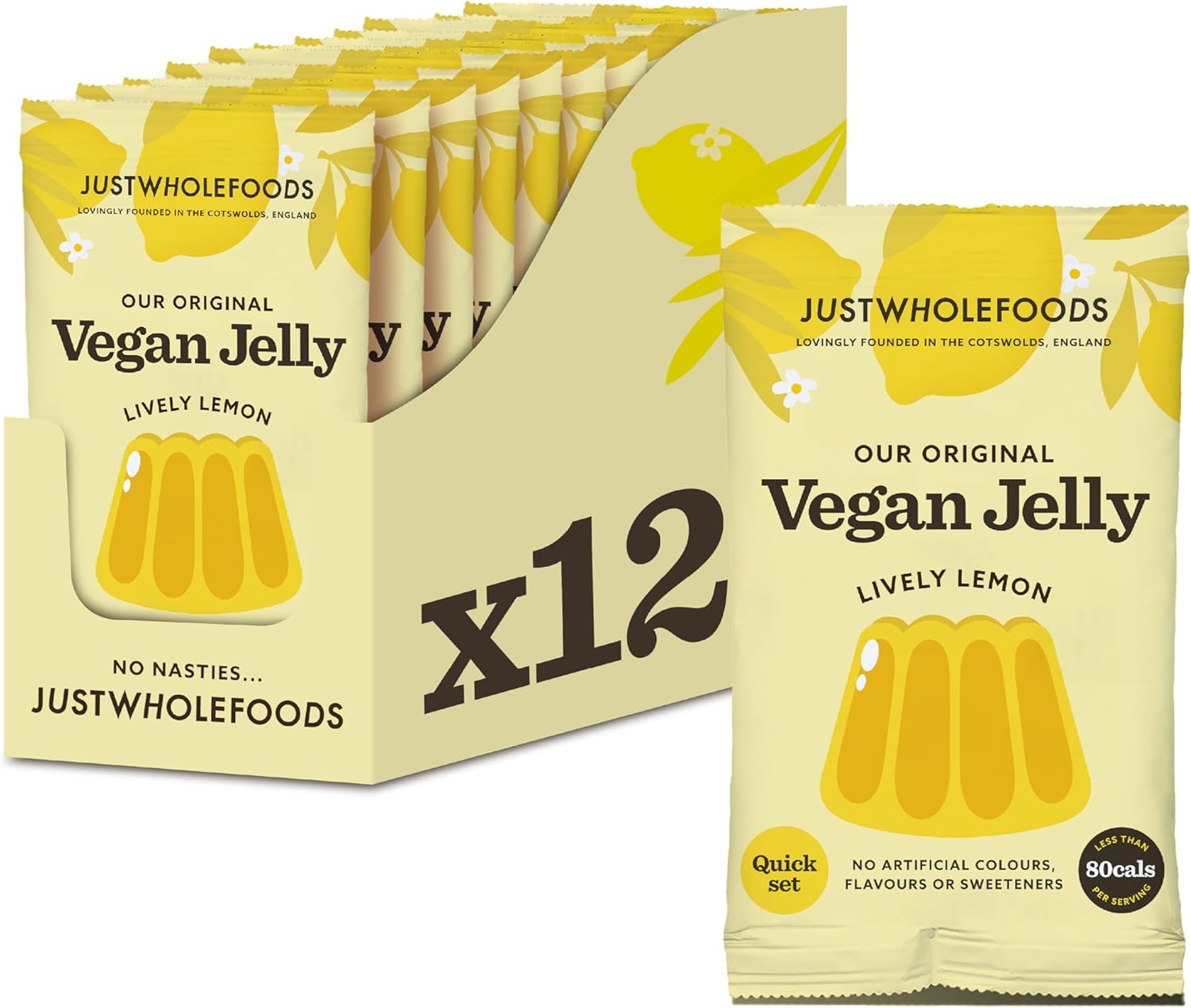 Just Wholefoods Vegan Jelly 12 X 85G | Gluten Free, Quick Set, Gelatine Free | Free From Artificial Colours And Flavouring | Makes 12 Pints Of Jelly (Lemon)