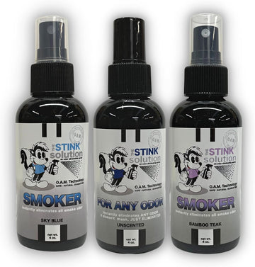 Smokers Odor Eliminating Spray Completely removes Smoke Odors. Three 4 oz bottles One Bamboo Teak, One new Sky Blue and one unscented