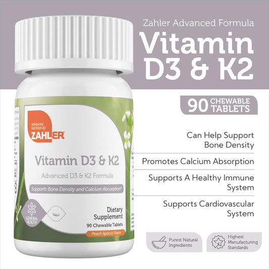 Zahler - Vitamin D3 & K2 Chewable Supplement (90 Count) - Certified Kosher K2 D3 Vitamin 5000 Iu Delicious Chew Tablet - Vitamin D & K2 For Calcium Absorption, Bone Density & Immune Support