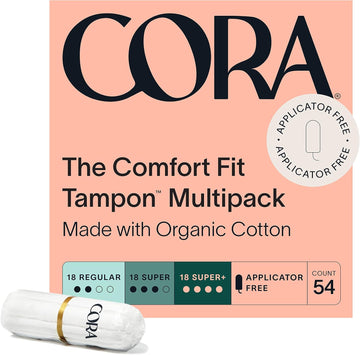 Cora 100% Organic Cotton Non-Applicator Tampons | Ultra-Absorbent, Unscented, Natural, Non-Toxic, Applicator Free | Eco-Conscious (54 R/S/S+ Tampons)