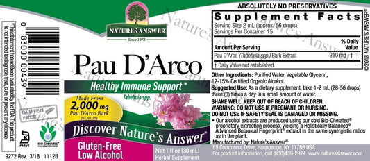Nature's Answer Pau D'Arco Inner Bark with Organic Alcohol 1   | Promotes Healthy Gut ora | Natural Immune Support Booster