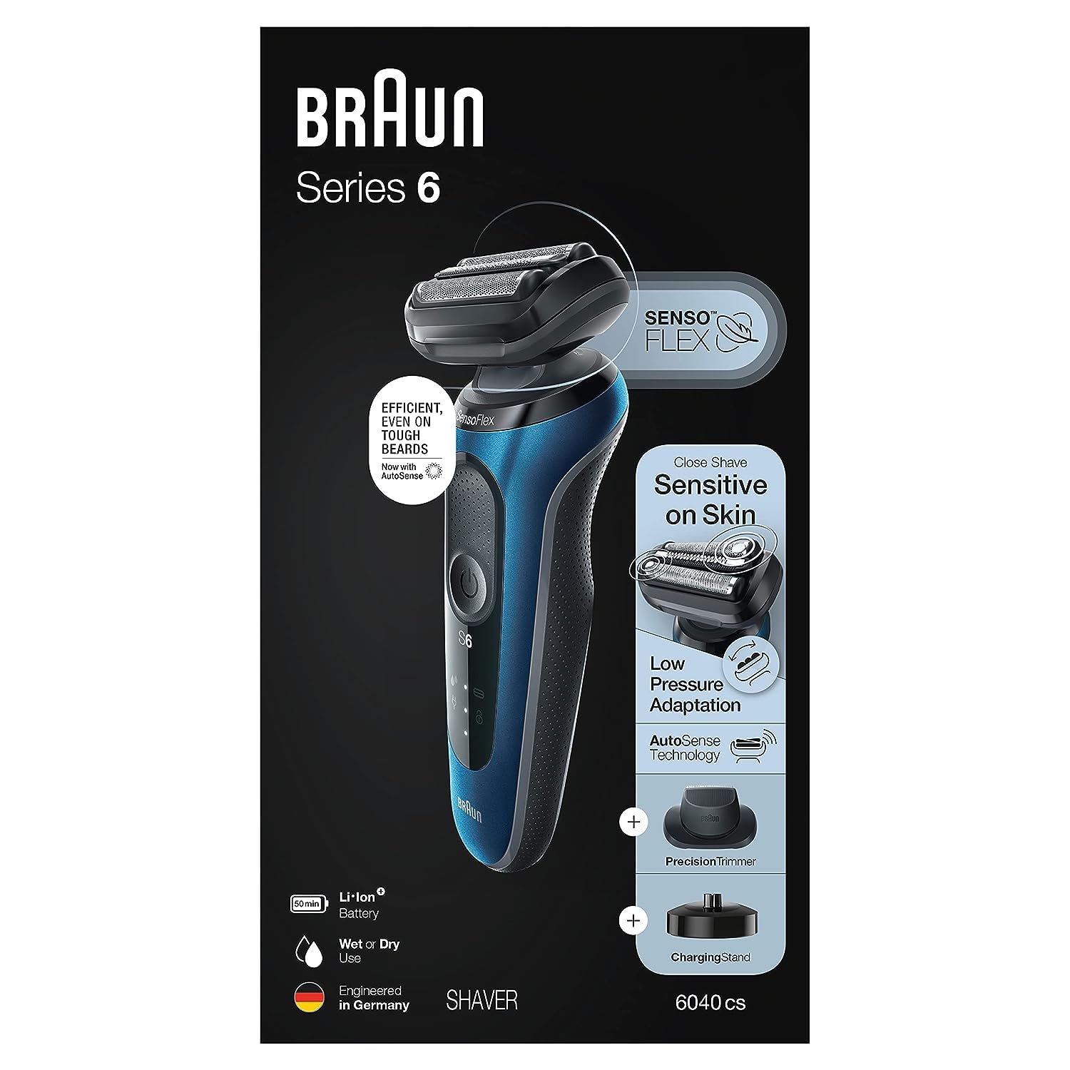 Braun Series 6 6040Cs Electric Shaver With Charging Stand, Precision Trimmer, Wet & Dry, Rechargeable, Cordless Foil Shaver, Blue