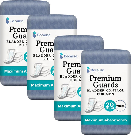 Because Premium Guards For Men – Discreet, Individually Wrapped Bladder Control Liners – Maximum Absorbency - 80 Count (4 Packs Of 20)