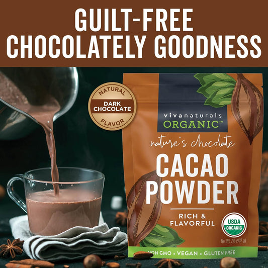 Viva Naturals Organic Cacao Powder, 2Lb - Unsweetened Cocoa Powder With Rich Dark Chocolate Flavor, Perfect For Baking & Smoothies - Certified Vegan, Keto & Paleo, Non-Gmo & Gluten-Free, 907 G