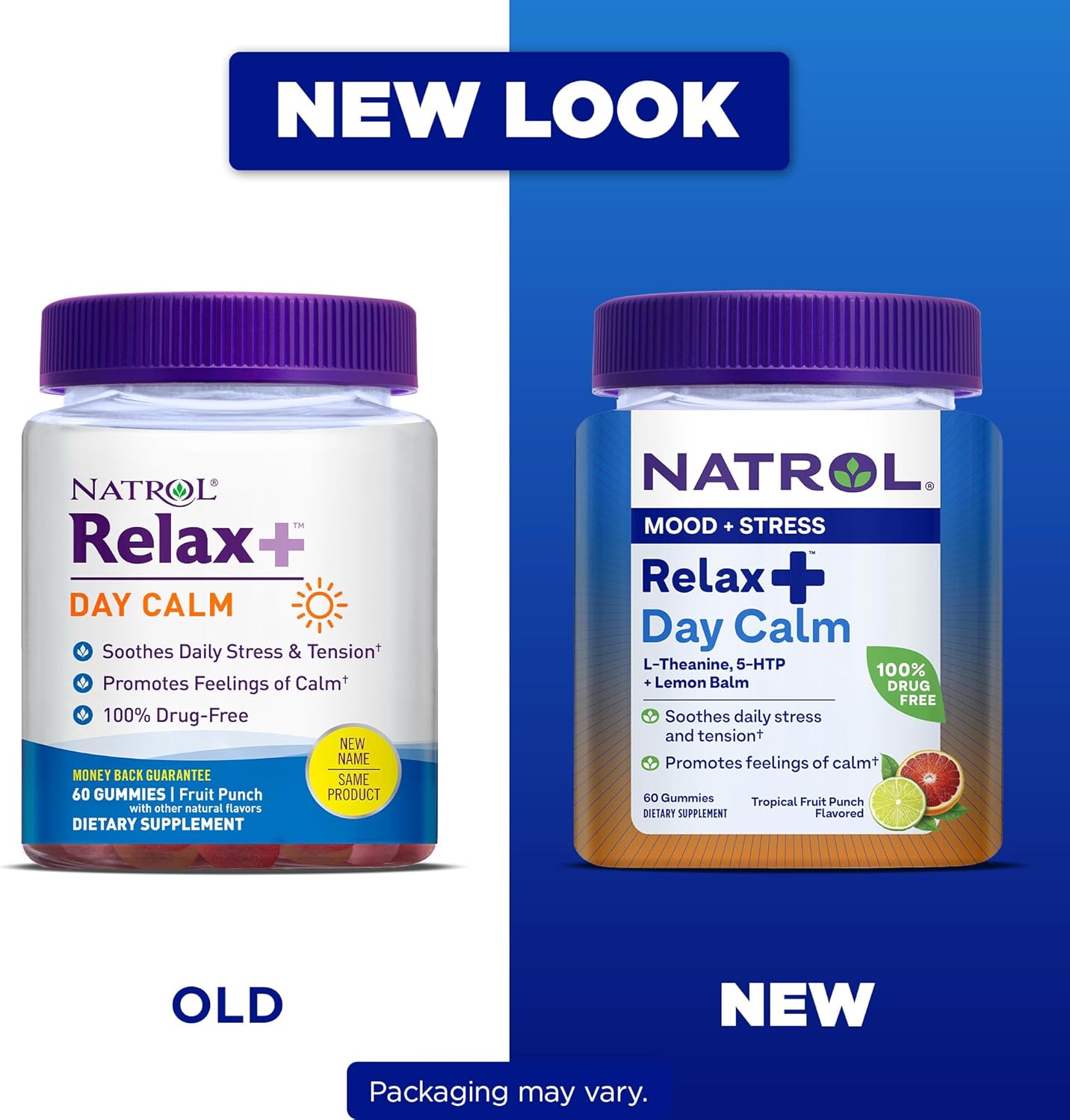 Natrol Relax + Day Calm With L-Theanine, 5-HTP and Lemon Balm, Drug-Free Dietary Supplement for Mood and Stress, 60 Tropical Fruit Punch-avored Gummies, 30 Day Supply